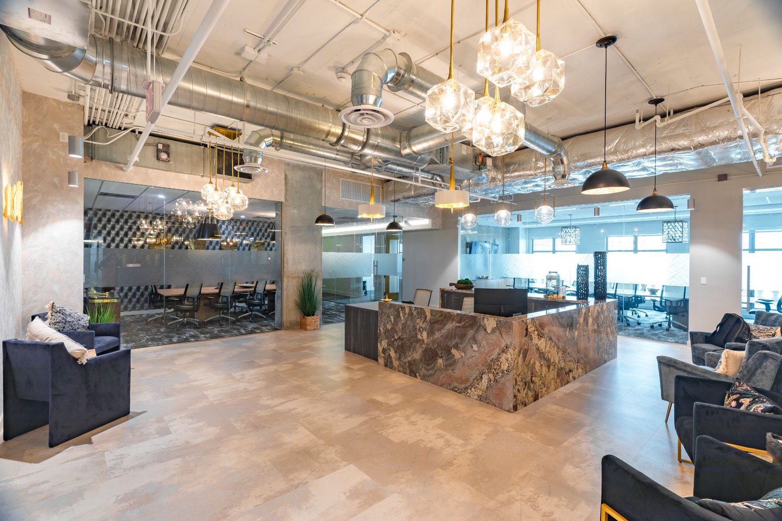 Lobby, reception and lounge at Quest Workspaces, 121 Alhambra Plaza, Coral Gables