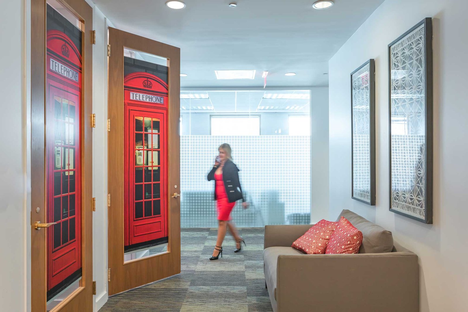 Hallway with phone booth doors at Quest Workspaces 2525 Ponce, Coral Gables